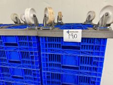 27 BLUE PLASTIC TRAYS ON 3 DOLLIES