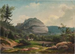 German, circa 1820. View of the mountain and the village of Oybin.