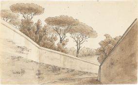 Friedrich Olivier. Roman pine grove behind a pathway wall. Circa 1818/22