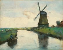 Lesser Ury. ”Holländischer Kanal mit Windmühle und Angler”. Circa 1912/13