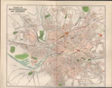 Plan Of Manchester & Salford Victorian 1894 Coloured Antique Map.