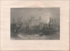 The Tower of London Antique 1842 Steel Engraving.
