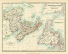 Canada Newfoundland Nova Scotia Large Coloured Antique Map.
