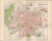 Plan Of Bristol Victorian 1894 Coloured Antique Map.