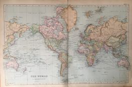 Rare Coloured Antique Large Map The World GW Bacon 1904.