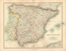 Spain and Portugal Large Coloured Antique Map.