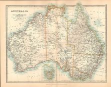 Australia Sydney Melbourne Queensland Victoria Tasmania Coloured Antique Map.