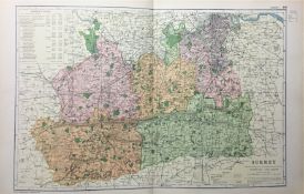 Coloured Antique Large Map County of Surrey GW Bacon 1904.