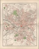 Plan Of Leeds Victorian 1894 Coloured Antique Map.
