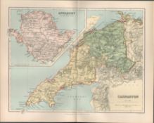 Cardigan & Anglesey Wales Victorian 1894 Coloured Map.
