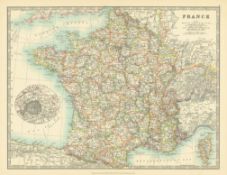 France & Environs of Paris Large Coloured Antique Map.