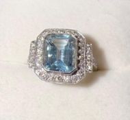 Art Deco Style Aquamarine & Diamond Dress Cocktail Ring 2.30Ct + 0.50Ct