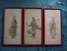 3 X Ryuko Tsutaya Watercolours - Japanese People in Traditional Dress - Signed