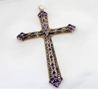 Vintage Gothic Style Sterling Silver 12 carat Amethyst Marcasite Cross Large 12cm tall