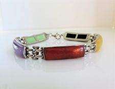 Vintage Sterling Silver Multi Colour Jade Panel Bracelet