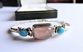 Artisan Sterling Silver Turquoise & Rose Quartz Bracelet