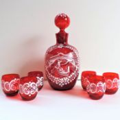 Antique Bohemian Decanter and 6 Liqueur/Shot Glasses Scenes of Venice Drinks Set
