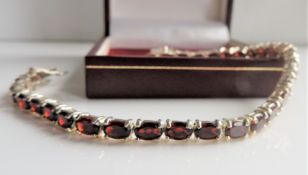 Sterling Silver Tennis Bracelet Set with 29 x 6x4mm Garnets New with Gift Box