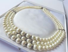 Grace Kelly Inspired Triple Strand Pearl & Crystal Necklace