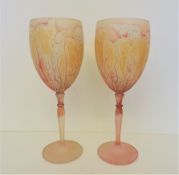 Pair Venetian Murano Hand Blown Wine Glasses 22cm Tall