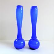 Pair Retro Blue Glass Vases 30cm High