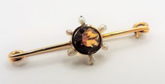 Antique 9k Gold Citrine & Seed Pearl Brooch