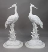 Pair of White Pained Composite Crane Bird Sculptures