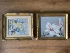 Still Life Pair Flowers Oil on Canvas Set Within Gild Wooden Gilded Frames