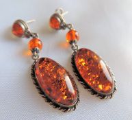 Pair Sterling Silver Amber Drop Earrings with Gift Pouch