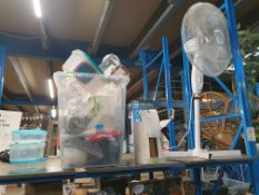 (R6) Contents To Top Shelf. Tupperware, Bathroom Items. Freestanding Fan. USB Oil Diffuser