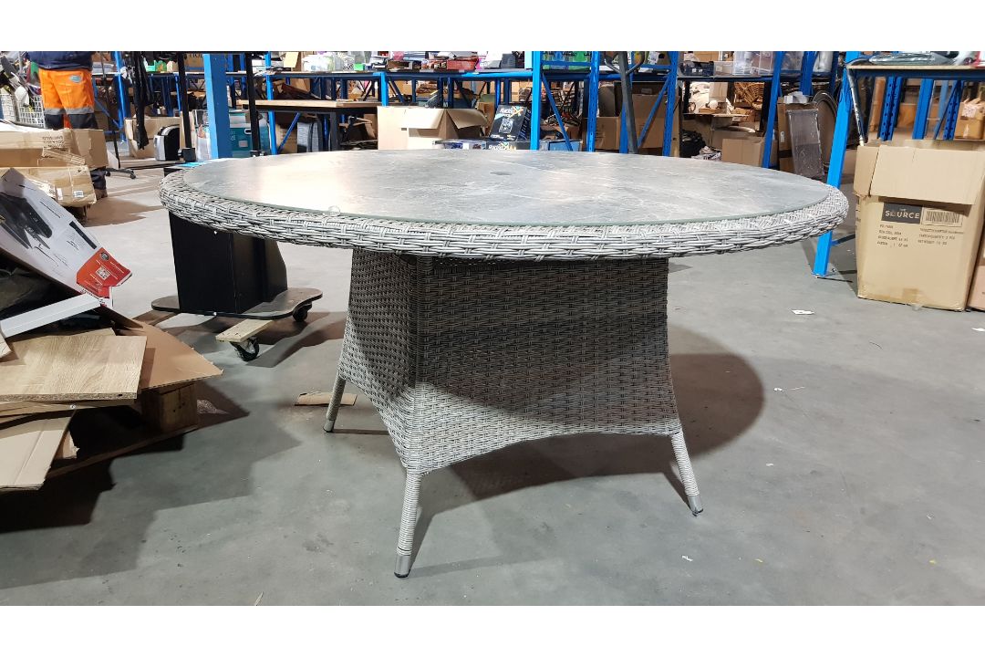 (R3) Florence Rattan 6 Seater Dining Table With Marble Effect Glass Table Top. (H72x Dia 140cm). - Image 3 of 4