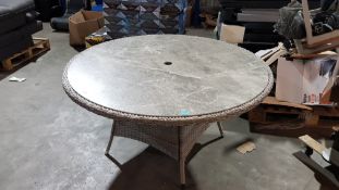 (R3) Florence Rattan 6 Seater Dining Table With Marble Effect Glass Table Top. (H72x Dia 140cm).