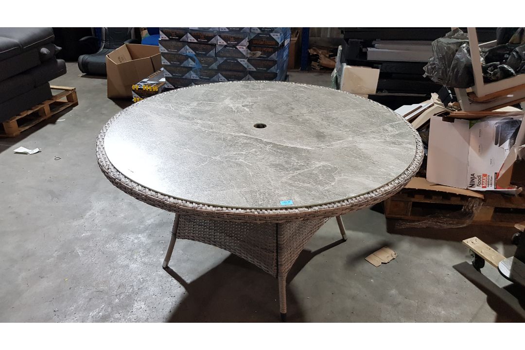 (R3) Florence Rattan 6 Seater Dining Table With Marble Effect Glass Table Top. (H72x Dia 140cm). - Image 1 of 4
