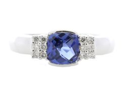 9ct White Gold Created Ceylon Sapphire Diamond Ring(S1.37) 0.08 Carats