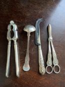 Vintage Silver Plate Grape Scissors, Cheese Knife, Walnut Cracker, Gravy Ladle