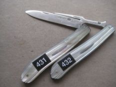 Rare Victorian Mother of Pearl Hafted Matching Silver Bladed Folding Fruit Knife and Fork