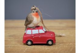 Robin On Red Car Hanging Ornament