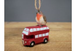 Robin On London Bus Hanging Ornament