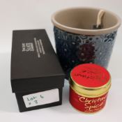 A Selection of Items Including Just Slate Company Coffee Cups, A Ceramic Pot, and A Candle x3 (6)