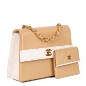 Chanel Beige & White Quilted Lambskin Vintage Mini Trapeze Classic Single Flap Bag With Pouch
