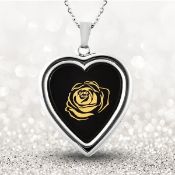 New!! Black Agate Rose Pattern Heart Shaped Pendant With Chain