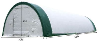 PVC Single Truss Arch Storage Shelter. 30' Wide x 65' Long x 15' High. Unused Portable Temporary In