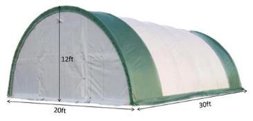 PVC Single Truss Arch Storage Shelter. 20' Wide x 30' Long x 12' High. Unused Portable Temporary In