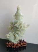 Large Celadon Grey Jade / Nephrite Carved Dragon Vase On The Wooden Stand