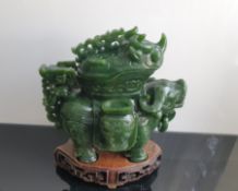 A Large Green Jade / Nephrite Carved Mystical Animal / Ox On Wooden Stand