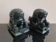 Carved Dark Green Jade / Hardstone Guardian Lions Sculptures / Bookends