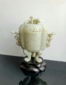 Taotie Mask and Dragons Decorated Carved Celadon Jade / Nephrite Tripod Incense Burner