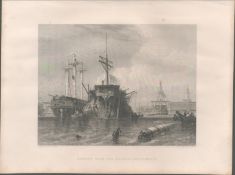 Portsmouth Rigging Hulk & Frigate Antique WH Bartlett 1842 Steel Engraving.