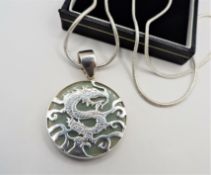 Silver Jade Round Dragon Pendant Necklace