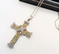 Yellow Diamond Cross Pendant Necklace Platinum on Sterling Silver 'New' with Gift Box
